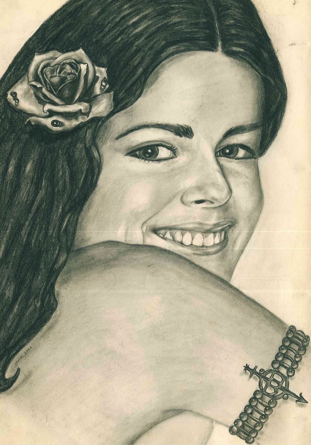 Ilustración 06 de A Verónica: Mujer sonriente con una flor en el cabello.