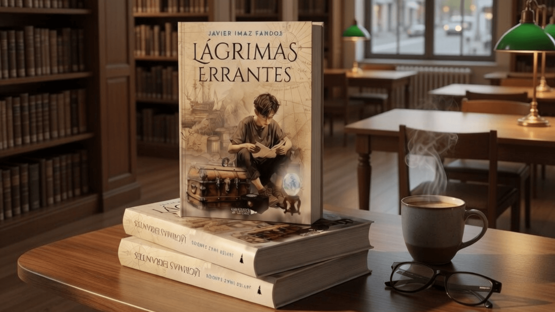 Ejemplares de Lágrimas Errantes en ambiente de biblioteca