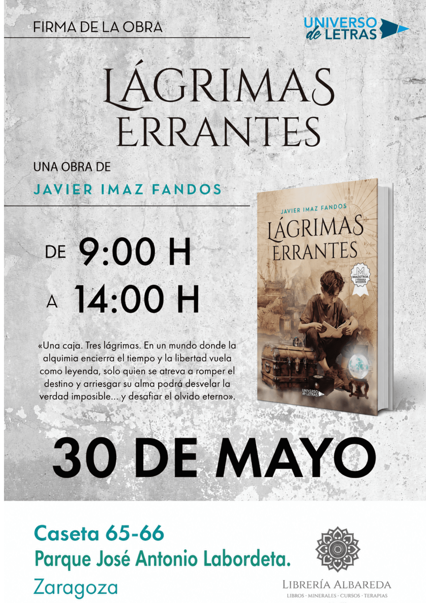 Cartel de la firma de Lágrimas Errantes en la Feria del Libro de Zaragoza